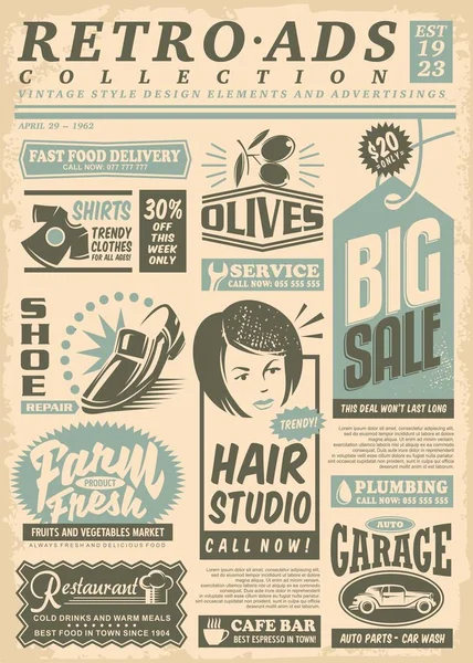 Retro Strona Ogłoszeń Prasowych Reklam Promocyjnych Papier Firmowy Vintage Ilustracja — Wektor stockowy