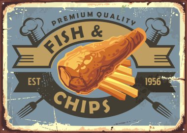 Fish and chips vintage restaurant advertising sign. Bistro menu with fried fish and french fries. Retro food vector illustration. clipart