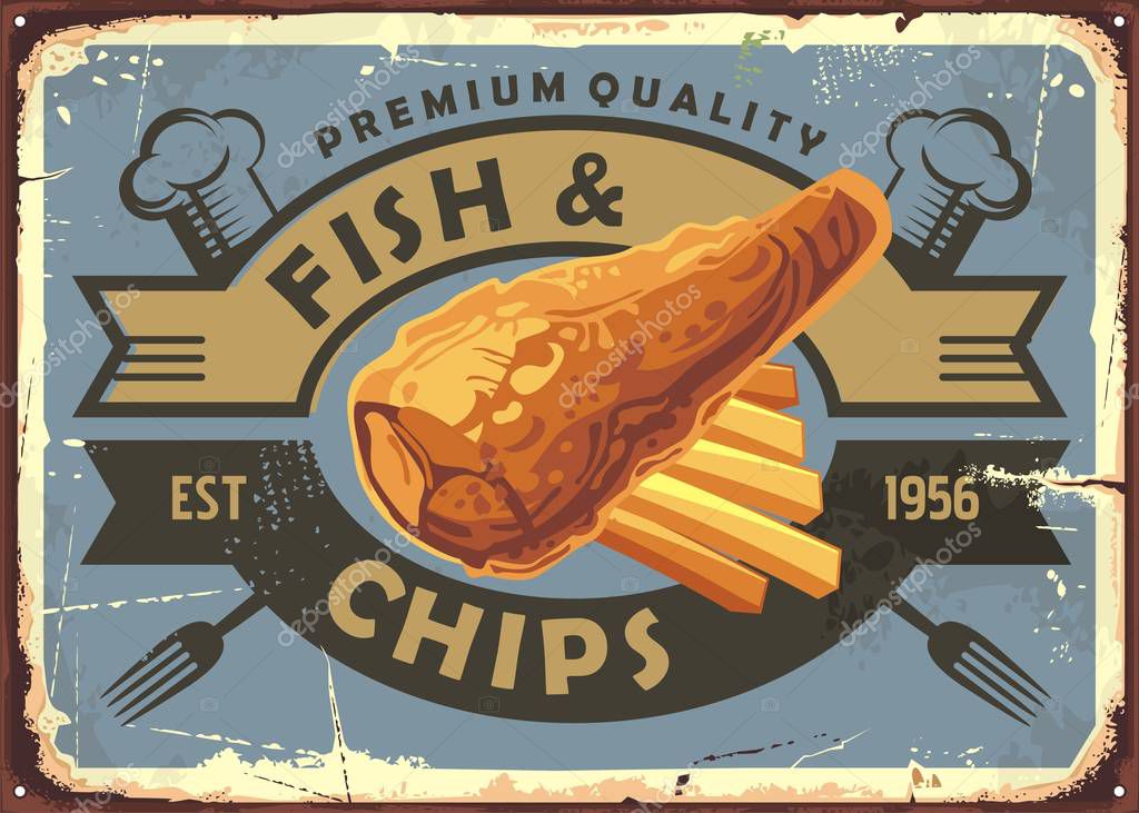 Fish and chips vintage restaurant advertising sign. Bistro menu with fried fish and french fries. Retro food vector illustration.
