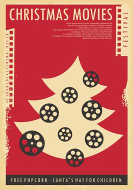 Noel filmleri festivali kavramsal poster tasarımı. İçinde Noel ağacı, film şeridi ve film makarası olan bir poster. Eğlence bayramı etkinliği için klasik vektör illüstrasyonu.