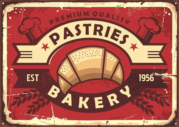 赤い背景に新鮮なクロワッサンとペストリーヴィンテージパン屋の看板 レトロなフードベクトルイラスト — ストックベクタ