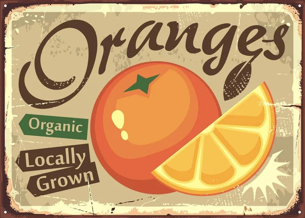 Pomeranče Místně Pěstované Retro Farmy Organické Ovoce Starý Plakát Design — Stockový vektor