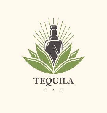 Agave bitkisinden büyüyen tekila şişeli tekila logosu tasarımı. Alkollü içeceğin yaratıcı bir sembolü. Meksika içeceği için vektör simgesi çizimi.