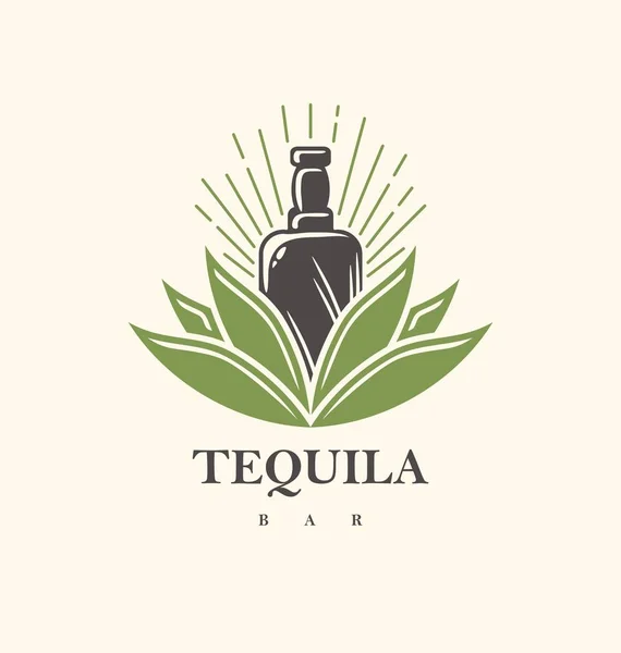 Design Logotipo Barra Tequila Com Garrafa Tequila Crescendo Partir Agave — Vetor de Stock