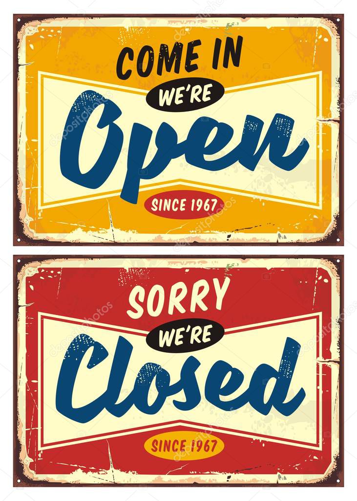 Open and closed door signs set  welcoming shop or store visitors. Colorful vector collection of retail business info. 