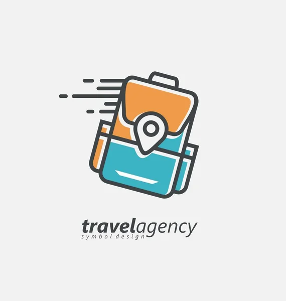 旅行代理店のロゴデザインテンプレート旅行バッグと地図ポインタピン記号 休暇先のシンボル 線画ベクトルアイコン — ストックベクタ