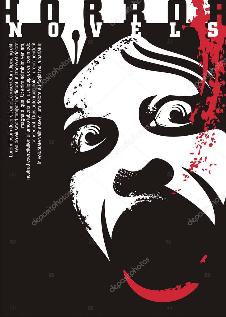 Horror novels or movies artistic poster or book cover design with portrait of terrified man and bloody trails across his face. Scary stories vector pamphlet design. 