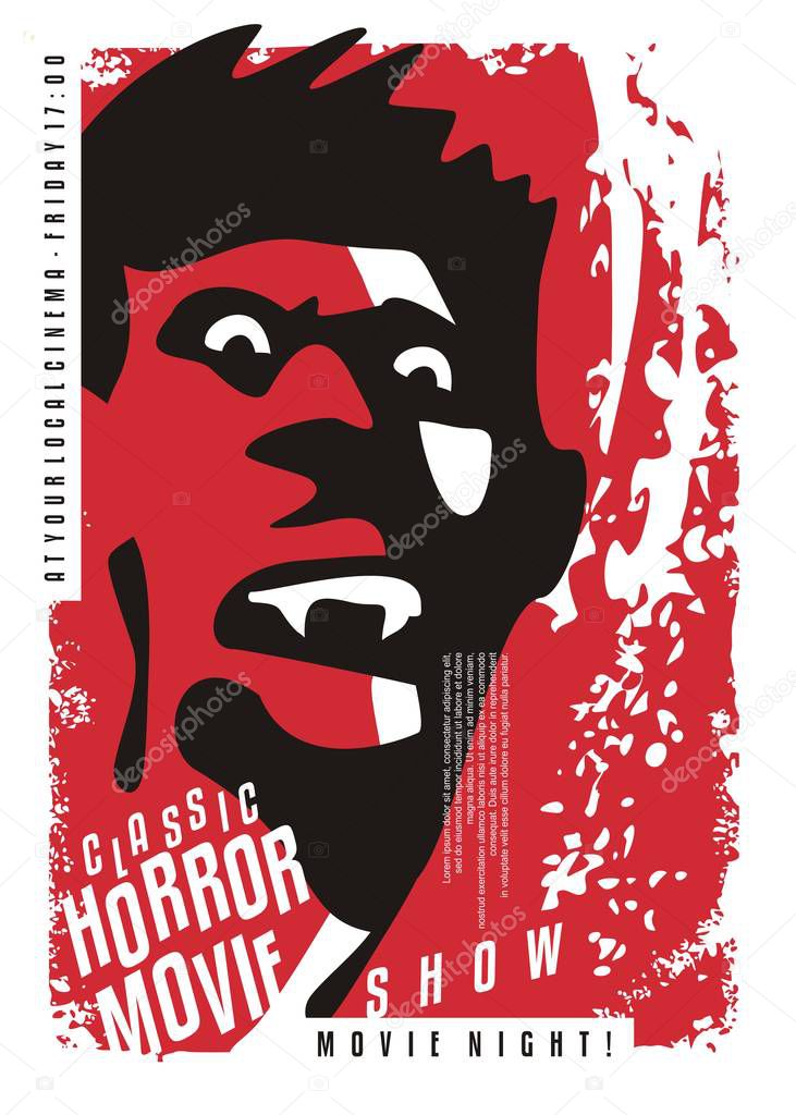 Vampire movies retro cinema poster design. Evil vampire portrait with sharp teeth on bloody splattering red background. Horror film festival conceptual artistic idea.