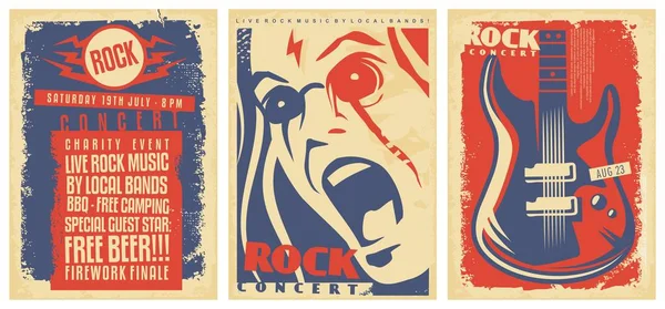一套摇滚音乐音乐会和音乐活动的海报模板 现场音乐派对传单系列 硬摇滚 朋克或流行音乐标志与电吉他 歌手肖像和艺术字母 矢量图像 — 图库矢量图片