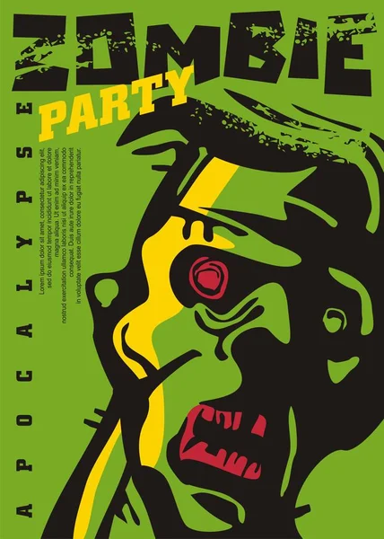 Зомби Апокалипсис Партии Дизайн Постера Приглашения Головой Зомби Зеленом Фоне — стоковый вектор