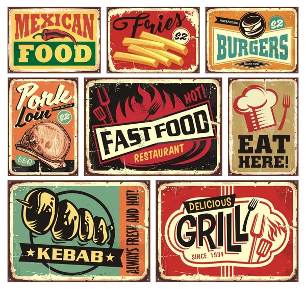 レトロなフードレストランの看板やポスターのコレクション メキシカンフード ハンバーガー フレンチフライ ケバブ ファーストフード グリル ポークロインをここで食べるヴィンテージベクトル看板セット — ストックベクタ