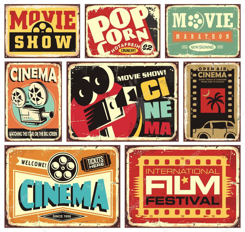 Vintage cinema signs collection. Movie show retro posters set. Vector film events advertisements illustrations.