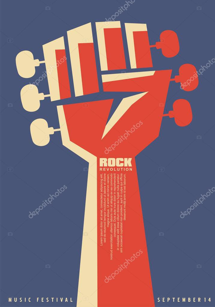 Rock revolution creative poster idea with revolutionary fist and guitar neck with tuning pegs. Music event flat flyer template. Musical vector illustration for punk or hard rock festival.