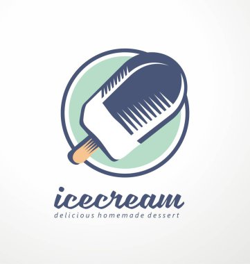 Dondurma logosu tasarlama fikri, üzerinde vanilyalı dondurma ve yuvarlak daire şeklinde. Ev yapımı tatlı için vektör sembolü. Icecream simgesi illüstrasyonu.