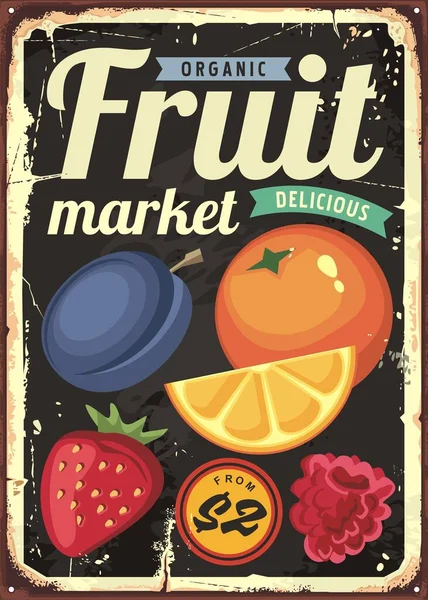 Frutta Biologica Mercato Layout Segno Vintage Con Prugna Arancia Fragola — Vettoriale Stock