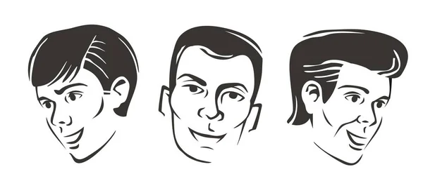 Man portraits with different emotions and  face expressions. Set of people comic style drawings. Retro characters vector illustration.