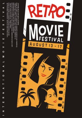 Retro film festivali promosyon poster tasarımı kız portreleri, film şeridi ve palmiye ağacı. Hollywood romantik komedileri, sinema vektör uçucu grafiği gösteriyor.