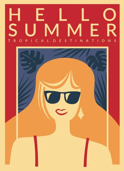 長いブロンドの髪 サングラス ビキニを持つ若い女の子は 熱帯夏の季節に楽しんでいます こんにちは夏休みの目的地プロモーションポスターデザイン — ストックベクタ