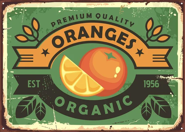 Signo Vintage Naranjas Plantilla Póster Granja Frutas Ecológicas Con Rodajas — Vector de stock