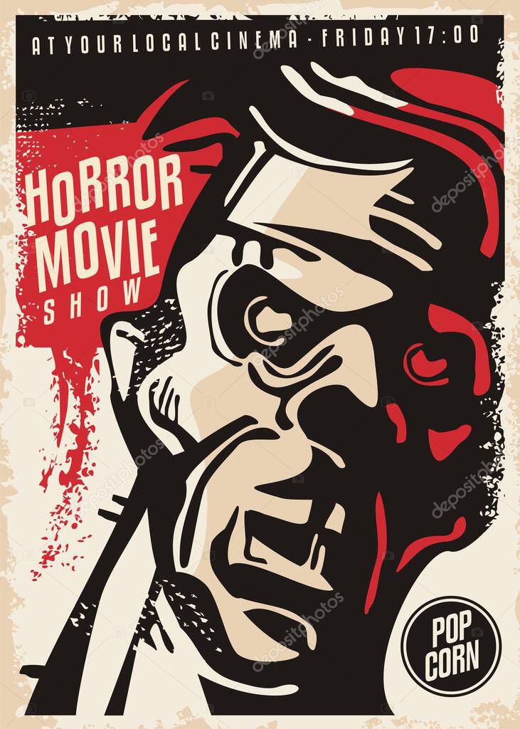 Horror movie show cinema poster with dangerous bloody zombie character portrait. Monster film festival retro flyer. Vector artistic illustration.