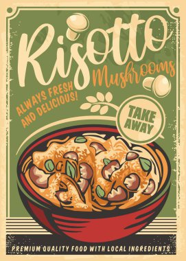 Mantar restoranının menü tasarımlı risotto. Vejetaryen gıda vektörü poster illüstrasyonu.