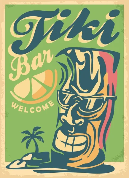 凉爽的Tiki面具吉祥物与太阳镜广告热带咖啡馆的海滩景观 复古暑假海报设计 海上和太阳逃生矢量图像 — 图库矢量图片