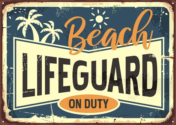 Beach Lifeguard Duty Retro Summer Sign Info Sun Palm Trees — Stock Vector