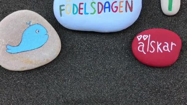 Grattis Fodelsedagen Happy Birthday Stones Composition Swedish Language Black Volcanic ストック動画