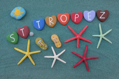 Saint Tropez, souvenir with multicolored heart stones and starfishes clipart