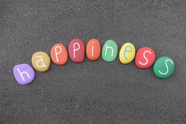 Parola Felicità Con Pietre Multicolori Sabbia Vulcanica Nera — Foto Stock
