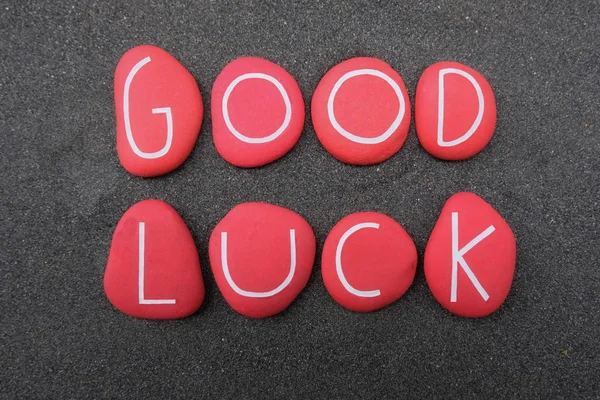 Good Luck Text Composed Red Colored Stone Letters Black Volcanic — Stockfoto