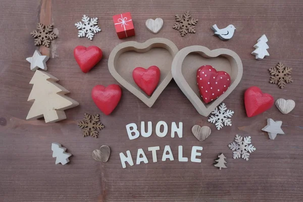 Buon Natale Włoski Wesołych Świąt Skomponowany Drewnianych Liter Typowych Ozdoby — Zdjęcie stockowe