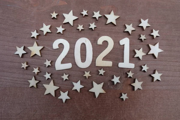 Year 2021 Celebration Wooden Art Composition Numbers Stars Design — Stock Photo, Image