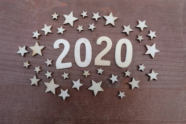 Year 2020 Celebration Wooden Art Composition Numbers Stars Design — Stock Photo, Image