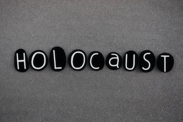 Holocaust Word Composed Black Colored Stone Letters Black Volcanic Sand — 스톡 사진