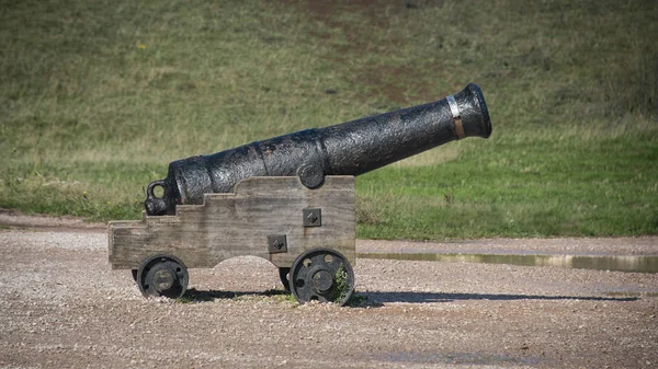 Una Vista Laterale Vecchio Cannone Antico Situato Terra Con Erba — Foto Stock