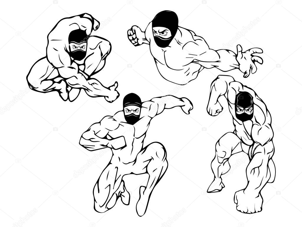 Vector silhouettes of warriors ninja in motion.
