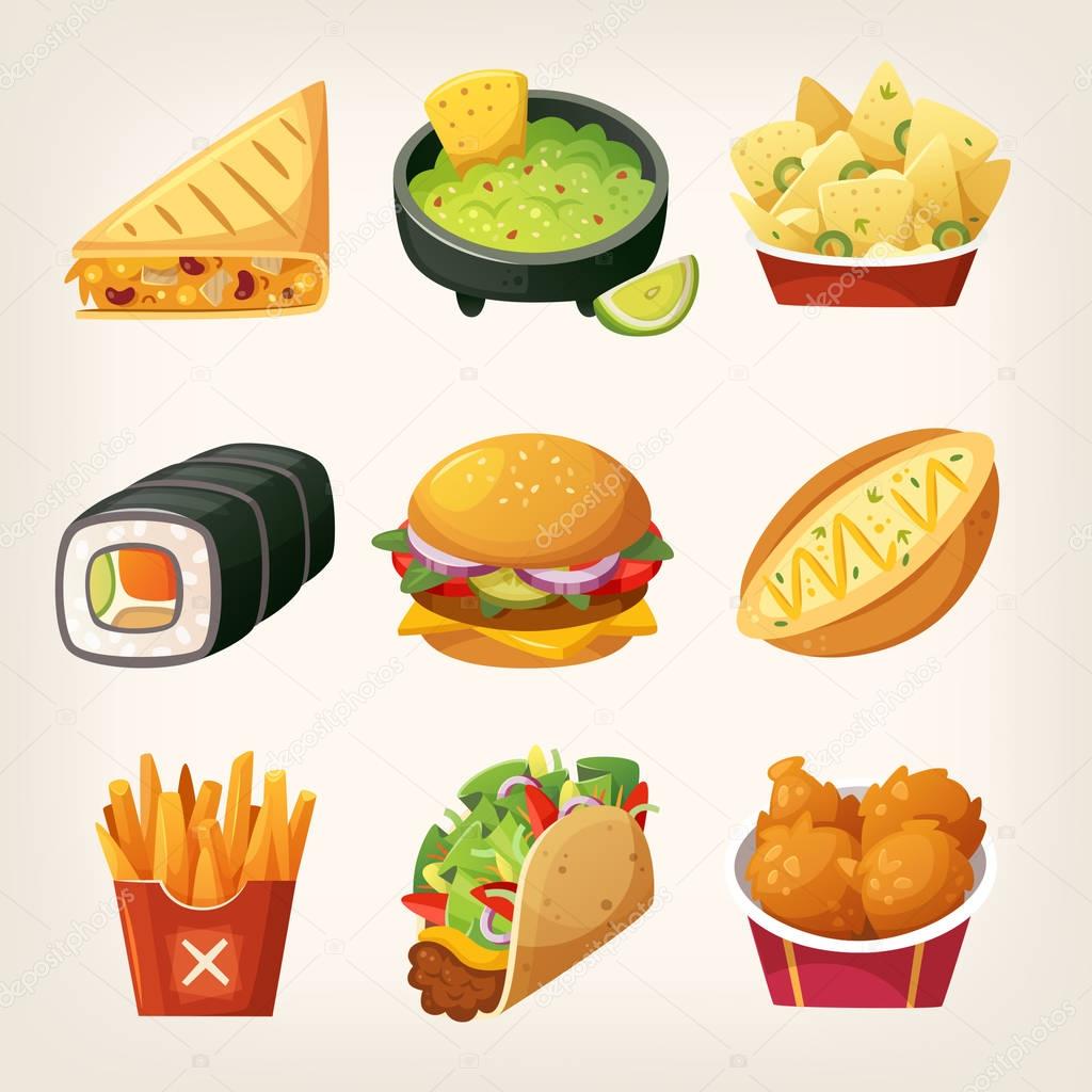 Set of colorful takeaway food to find at street food trucks and in chain fastfood cafes