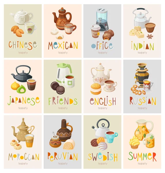 Renkli Posterler Tema Çay Partileri Için Farklı Ülkeler Kültürler Davet — Stok Vektör