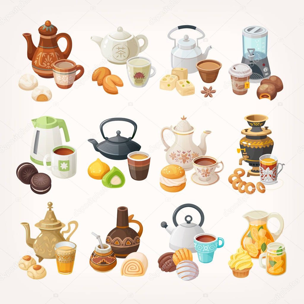 Set of cups, kettles and desserts traditional in different places of the world.  Different kinds of tea in various teapots. Vector  illustrations. Each element can be used separately. 