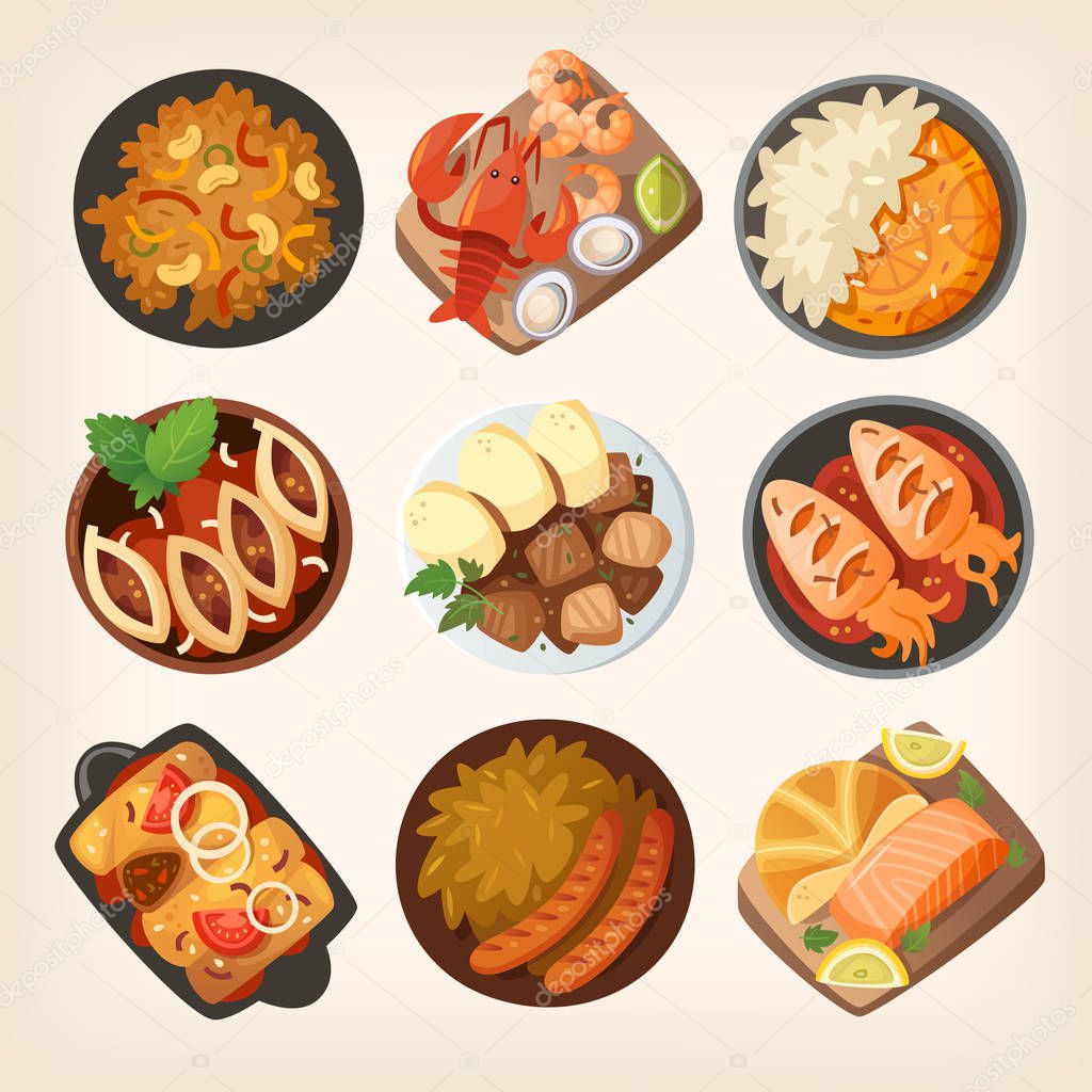 Primer plano de la mesa de cena. Vista superior de platos clásicos de cena  de diferentes países del mundo. La comida de las cocinas nacionales sobre  la mesa. Vista desde arriba. Ilustraciones