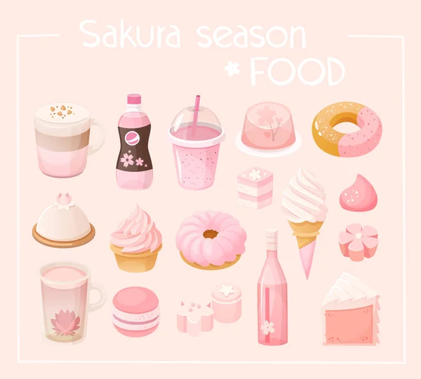 Conjunto Vários Doces Cor Rosa Pastel Sobremesas Sakura Temporada Comida —  Vetores de Stock