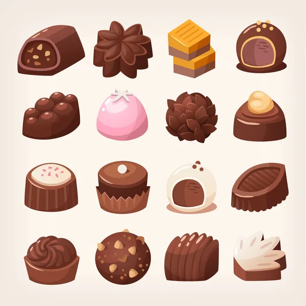 Heerlijk Donker Witte Chocolade Snoepjes Verschillende Vormen Smaken Geïsoleerde Vectorafbeeldingen — Stockvector