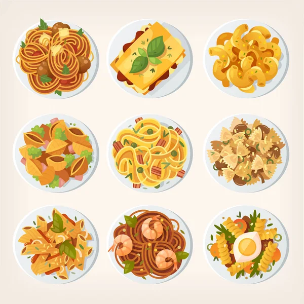 Set Many Different Kinds Pasta Dishes Top Vector Illustrations View — Stock Vector