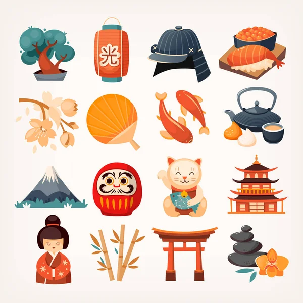 Conjunto Iconos Viaje Japoneses Símbolos Isla Varios Lugares Interés Elementos — Vector de stock