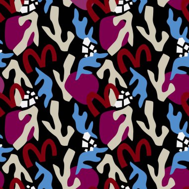 Soyut ve modern elementlerle kolaj tarzında kusursuz bir desen. Vektör illüstrasyonu