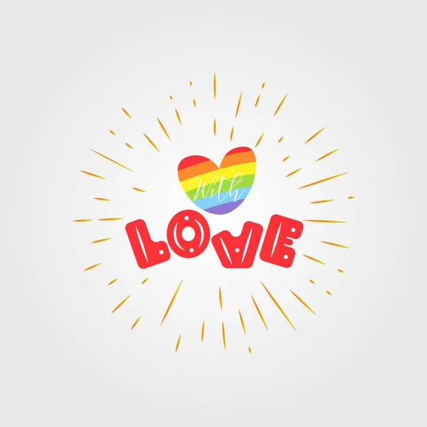 概念海报与Lgbt彩虹手印 色彩艳丽的手写短语与爱隔离在黑色背景 支持同性恋社区的矢量排版说明 — 图库矢量图片