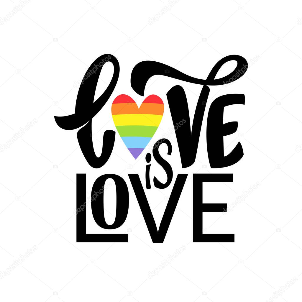 Gay Hand Lettering. LGBT rainbow phrase Love is Love