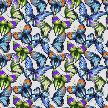 Beautiful butterfly seamless pattern. Tropical, jungle and forest colorful insects in hand drawn digital style. Illustration for fashion, fabric, textile and printwith gray background clipart