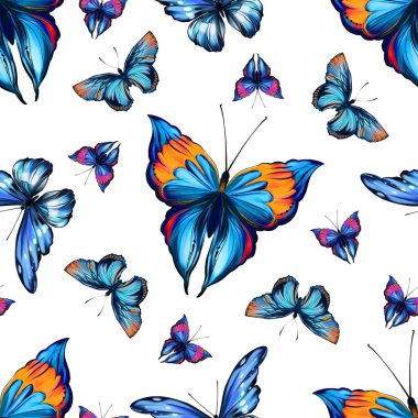 Beautiful butterfly seamless pattern with white background. Tropical, jungle and forest colorful insects in hand drawn digital style clipart